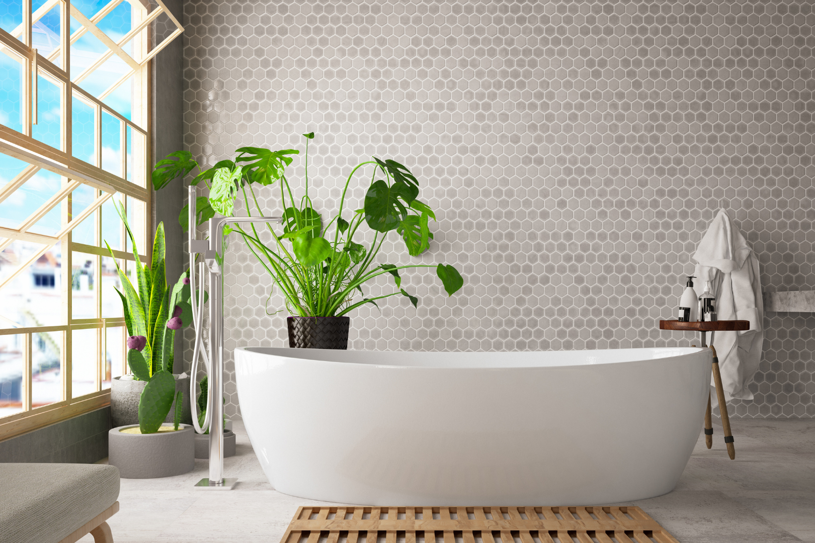 a bright recently cleaned bathroom with a large tub