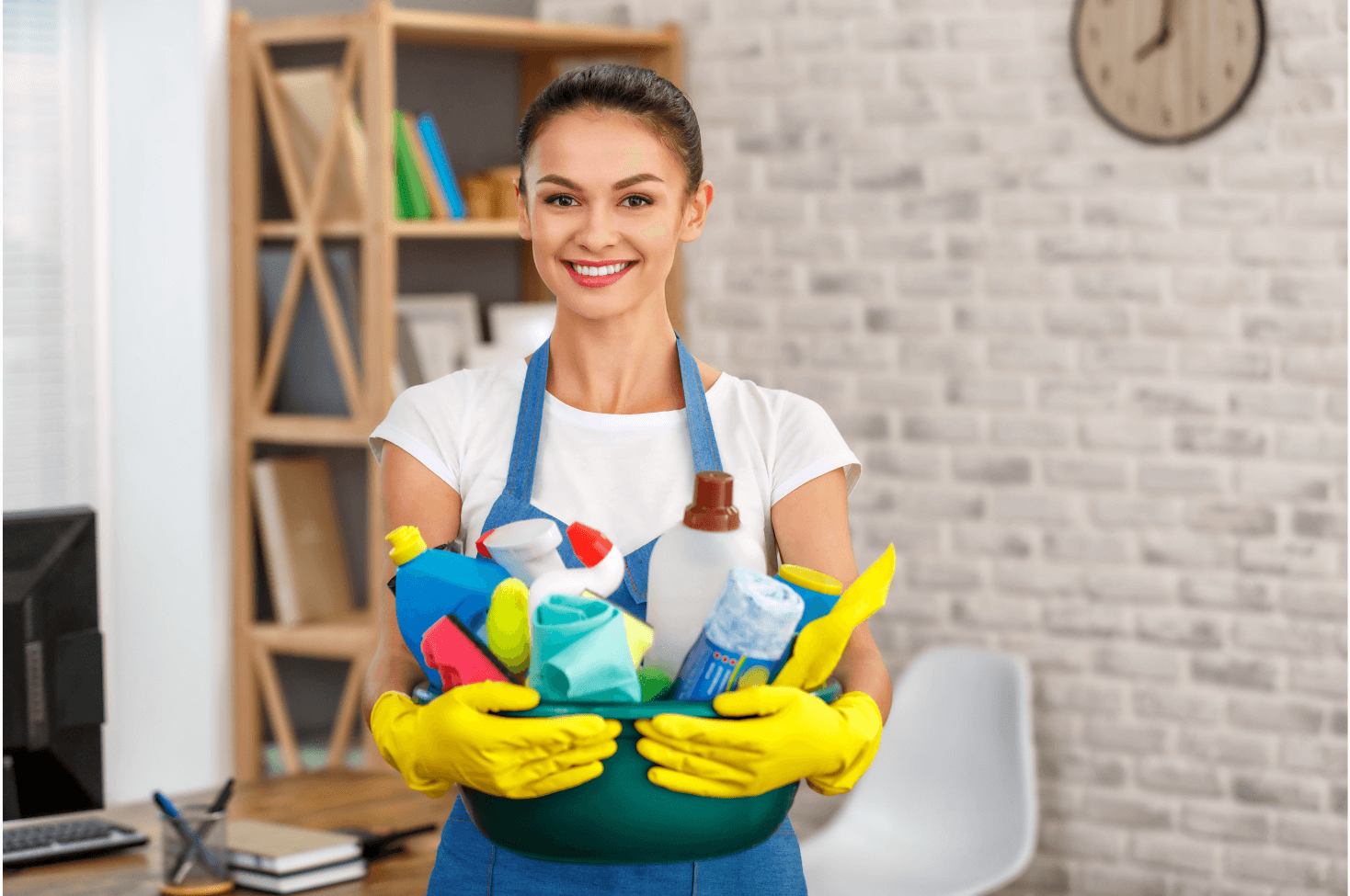 a cleaning maid holding professional cleaning products