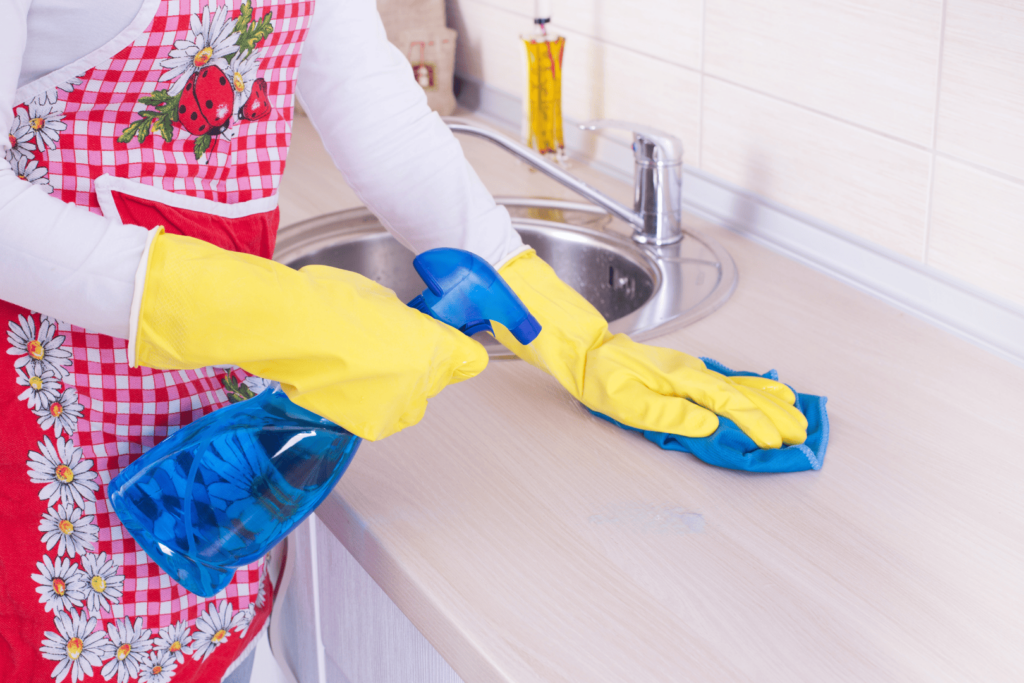 Cleaning maid wiping kitchen counter to maintain cleanliness and hygiene.