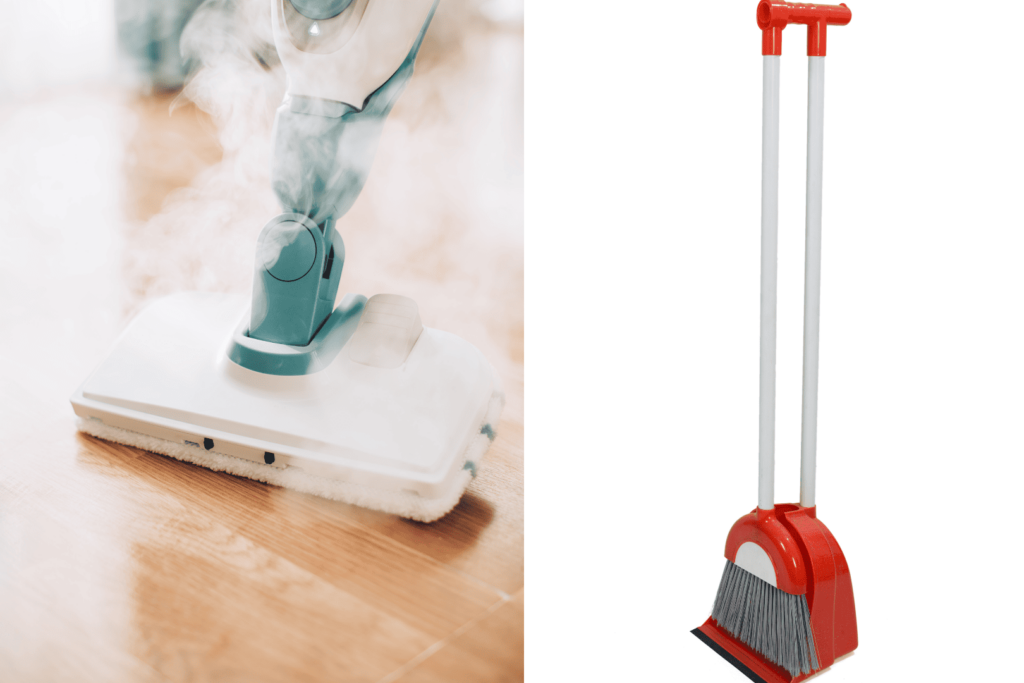 A steam mop on the left and a broom with the dustpan on the right