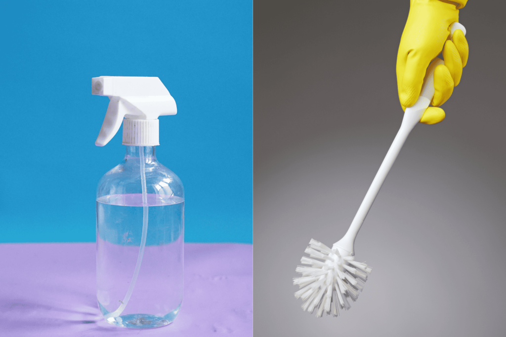 a spray bottle on the left, a toilet brush on the right